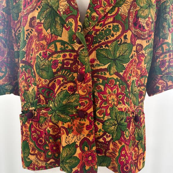 Vintage 80s SK & Co Red Green Gold Floral Short Sleeve Fall Blouse Jacket 12 - Picture 3 of 9